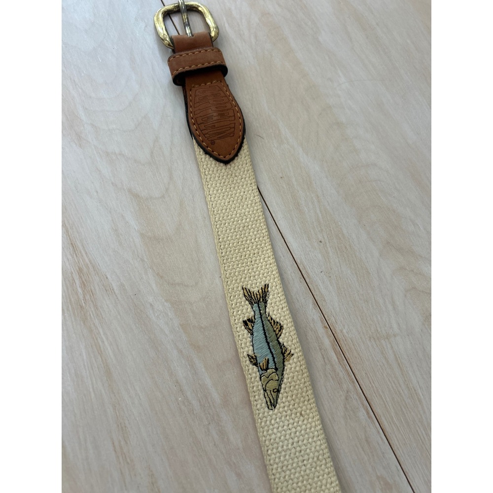Zeppelin Mens Embroidered Fish Canvas Belt Leather Tabs Solid Brass Buckle 40